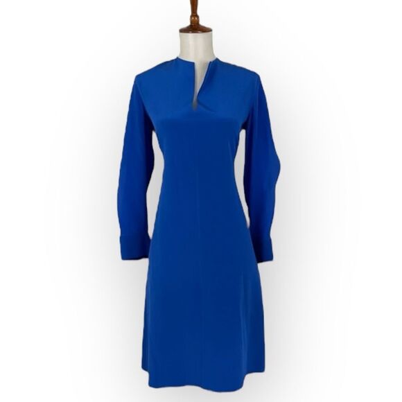 Dorothee Schumacher Silk Long Split Sleeve Notch V Neck Dress in Blue - Picture 1 of 8